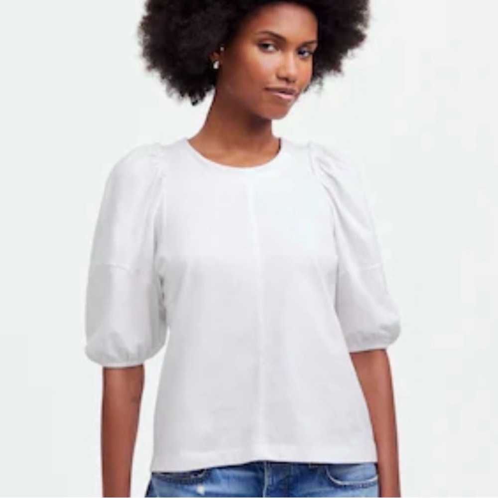 Madewell White Cotton Blouse with Puff Sleeves